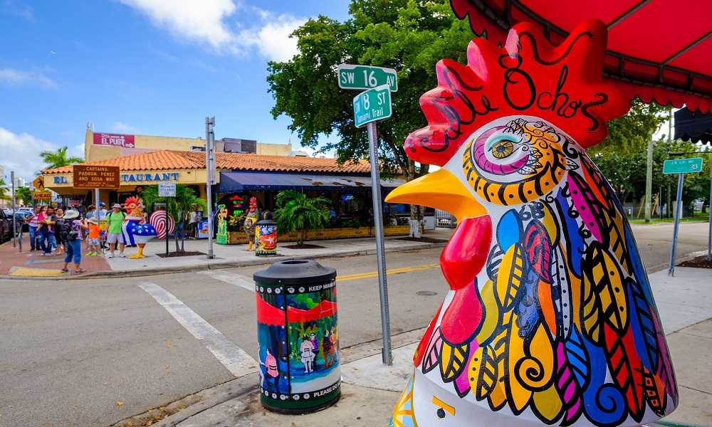 Things to do in Miami at night: A vibrant statue of a rooster adorns a Miami sidewalk during nighttime.