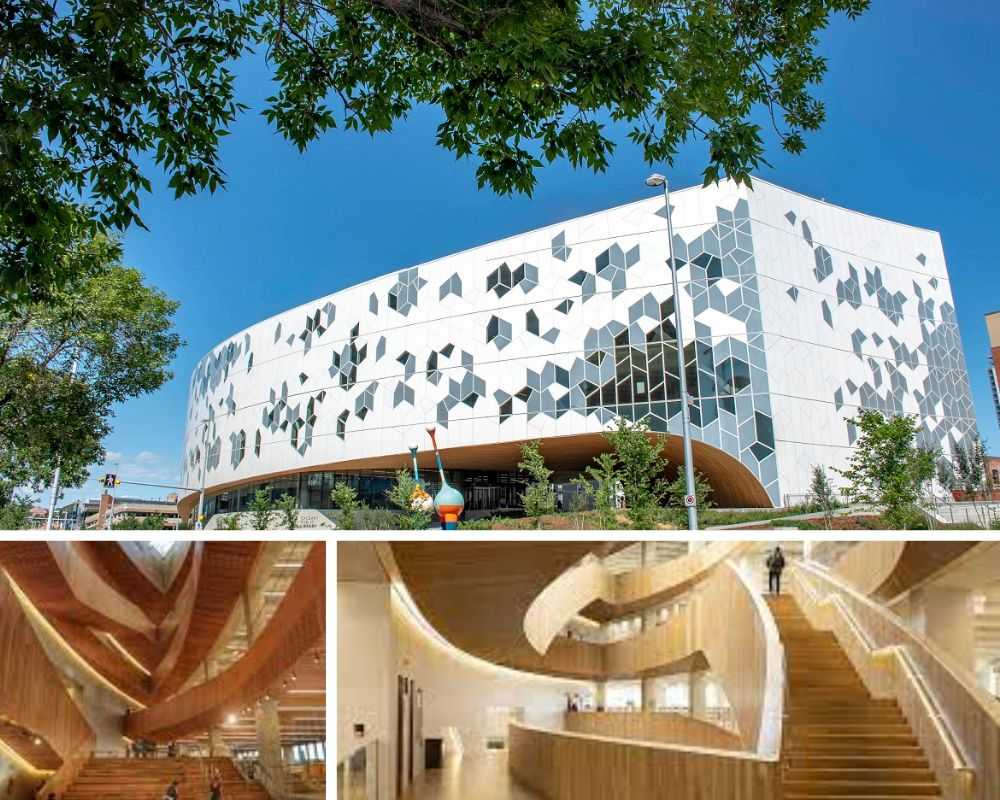 A collage of photos featuring a building's spiral staircase, showcasing Calgary Central Public Library