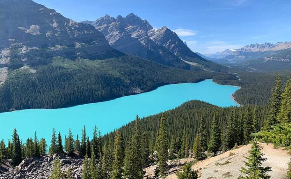 A stunning blue lake nestled amidst towering mountains and lush trees, ideal for Calgary tours.