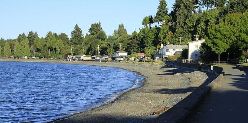 Parksville beaches are lined with houses and trees.