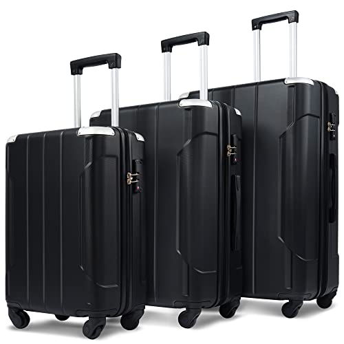 Merax Luggage Set with TSA Lock, Expandable 3 Piece Hardshell Lightweight Suitcase Set 20inch 24inch 28inch (Black)