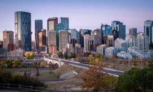Alberta travel guide: The skyline of Calgary at sunset, an Alberta travel guide destination.