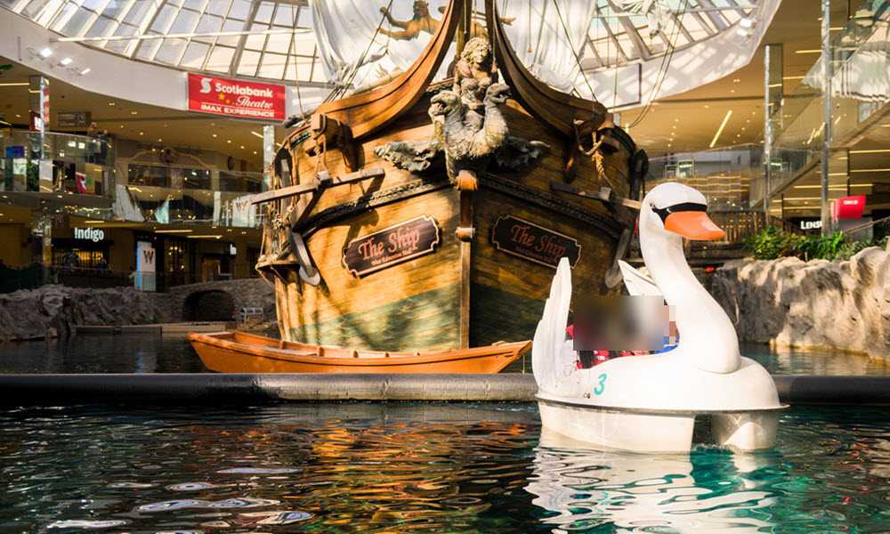 A swan boat in the West Edmonton Mall, one of the popular attractions.