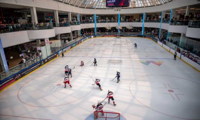 A shopping mall attraction featuring an indoor ice hockey rink.