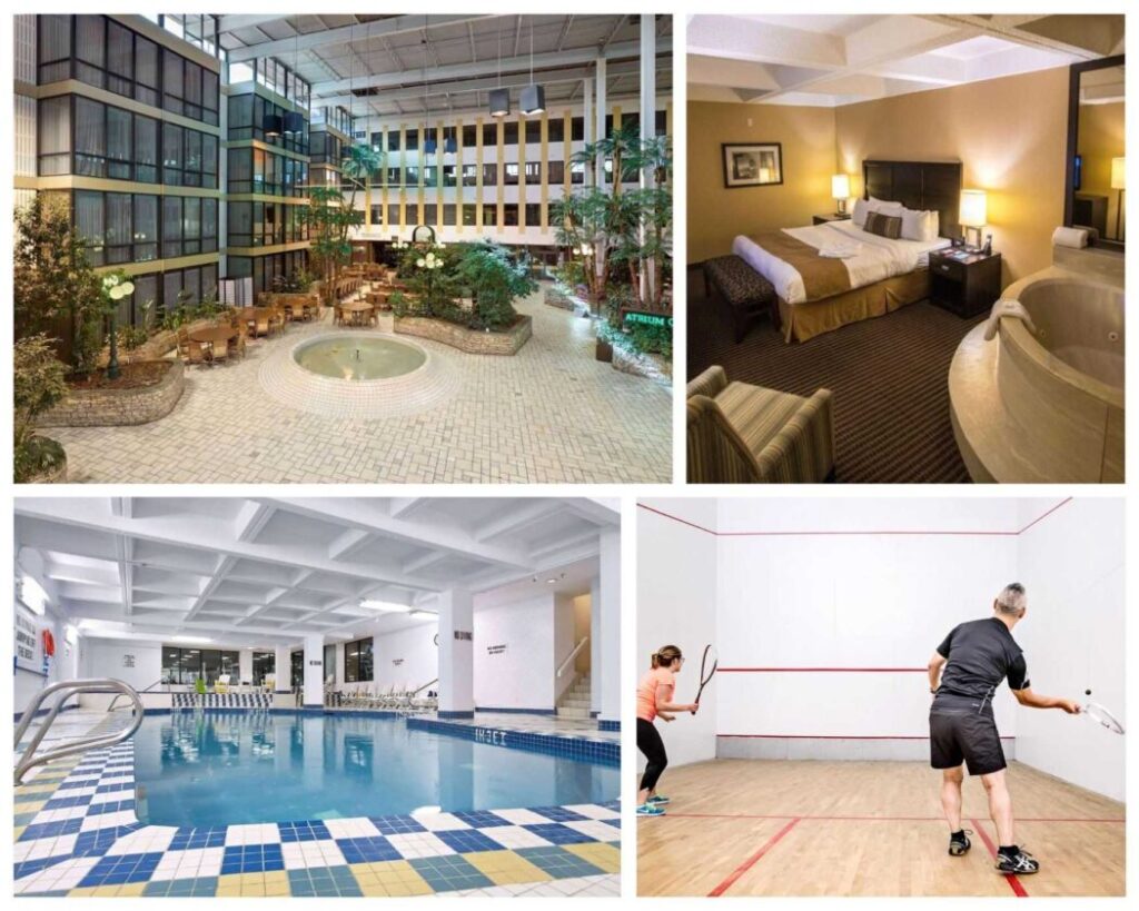 A collage of pictures showing a swimming pool and tennis court at hotels in Edmonton, AB.