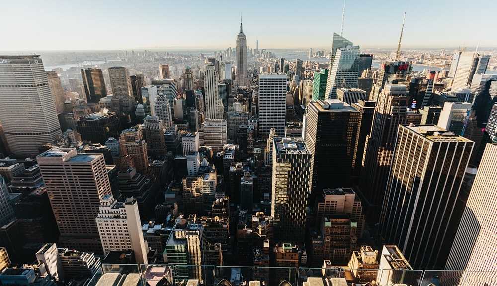 A view of New York City, one of the largest cities in the USA by population, from the top of the Empire State Building.