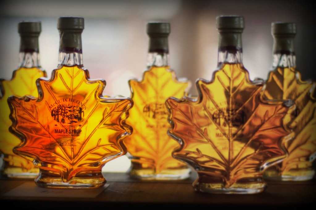 A row of Alberta maple leaf shaped bottles on a shelf.