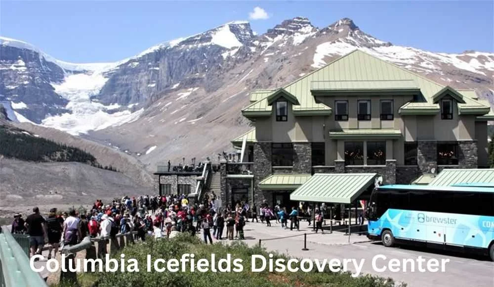 Visitors gather outside the Columbia Icefield Discovery Centre